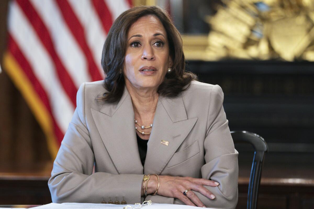 FILE - Vice President Kamala Harris speaks while meeting with state legislators about protecting reproductive rights, Friday, July 8, 2022, in the White House complex in Washington. U.S. Vice President Harris assured Pacific island leaders of more U.S. engagement after acknowledging Wednesday, July 13, the United States may not have previously provided the diplomatic attention the region deserved.(AP Photo/Jacquelyn Martin, File)