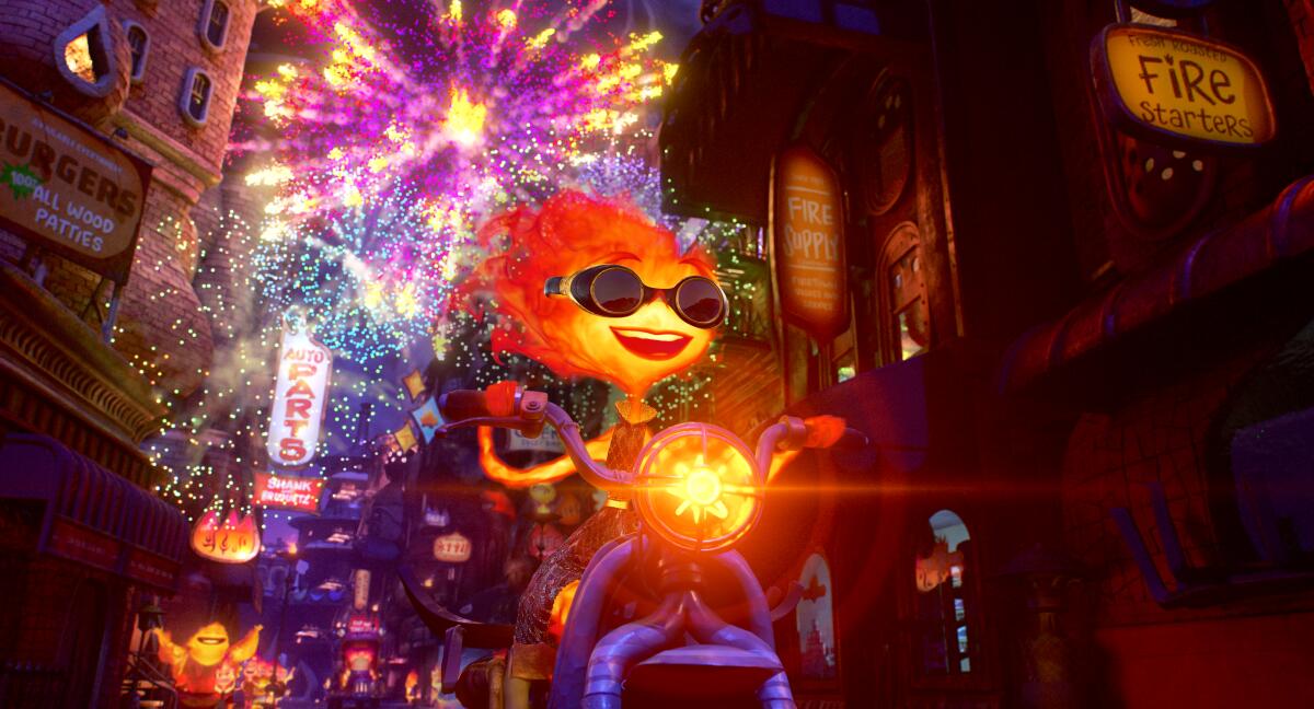 Ember, a fire woman, riding a motorcycle as fireworks go up behind her