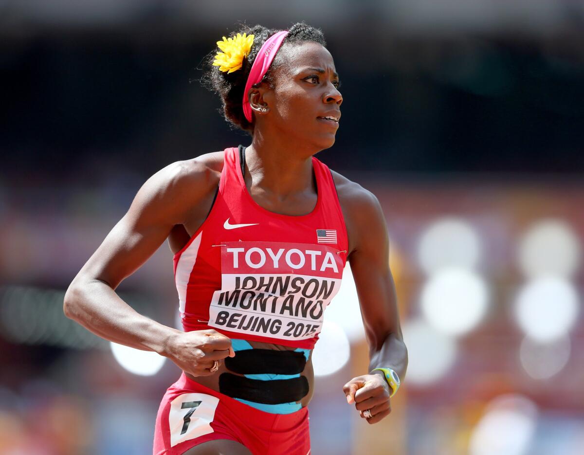 Alysia Montano of the U.S. reacts after falling in the women's 800-meter heats during the IAAF World Athletics Championships Beijing on Aug. 26.