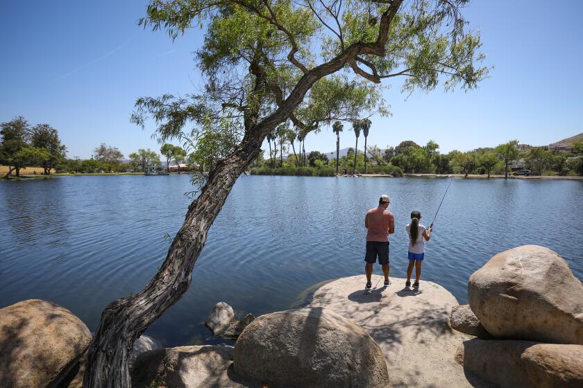 SANTEE, CA 4/25/2019: Al Watson, left, and his daughter, Viviane Watson, right, 10, both of La Mesa, enjoy fishing at Lake 4, at Santee Lakes. Santee Lakes will be undergoing an $8 million upgrade for its dining area, admin building, general store, teen center. (Howard Lipin/ The San Diego Union-Tribune)