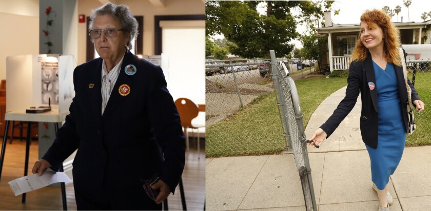 LAUSD school board candidate Jackie Goldberg, left, votes at a polling station Tuesday. Her opponent, Heather Repenning, walks door to door canvassing in the Highland Park area after casting her ballot.