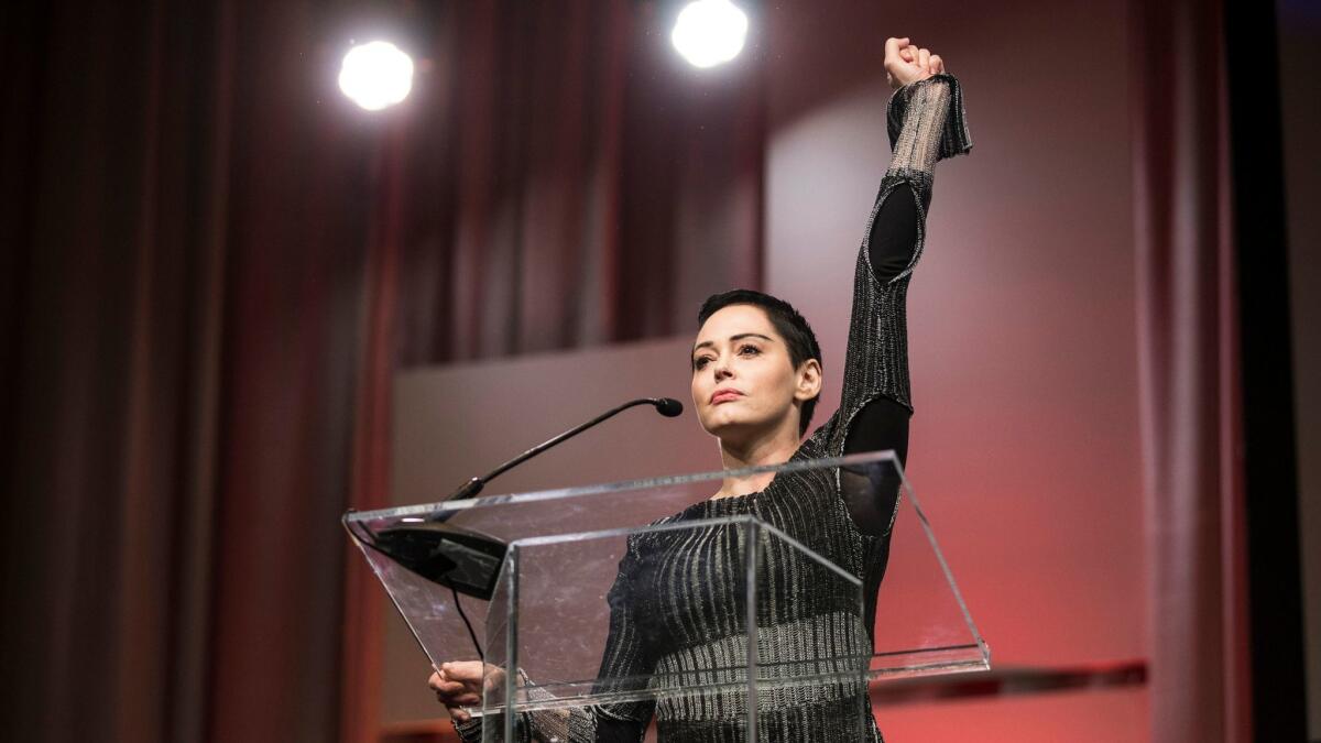 Rose McGowan is shown speaking at the Women's Convention at Cobo Center in downtown Detroit in October.