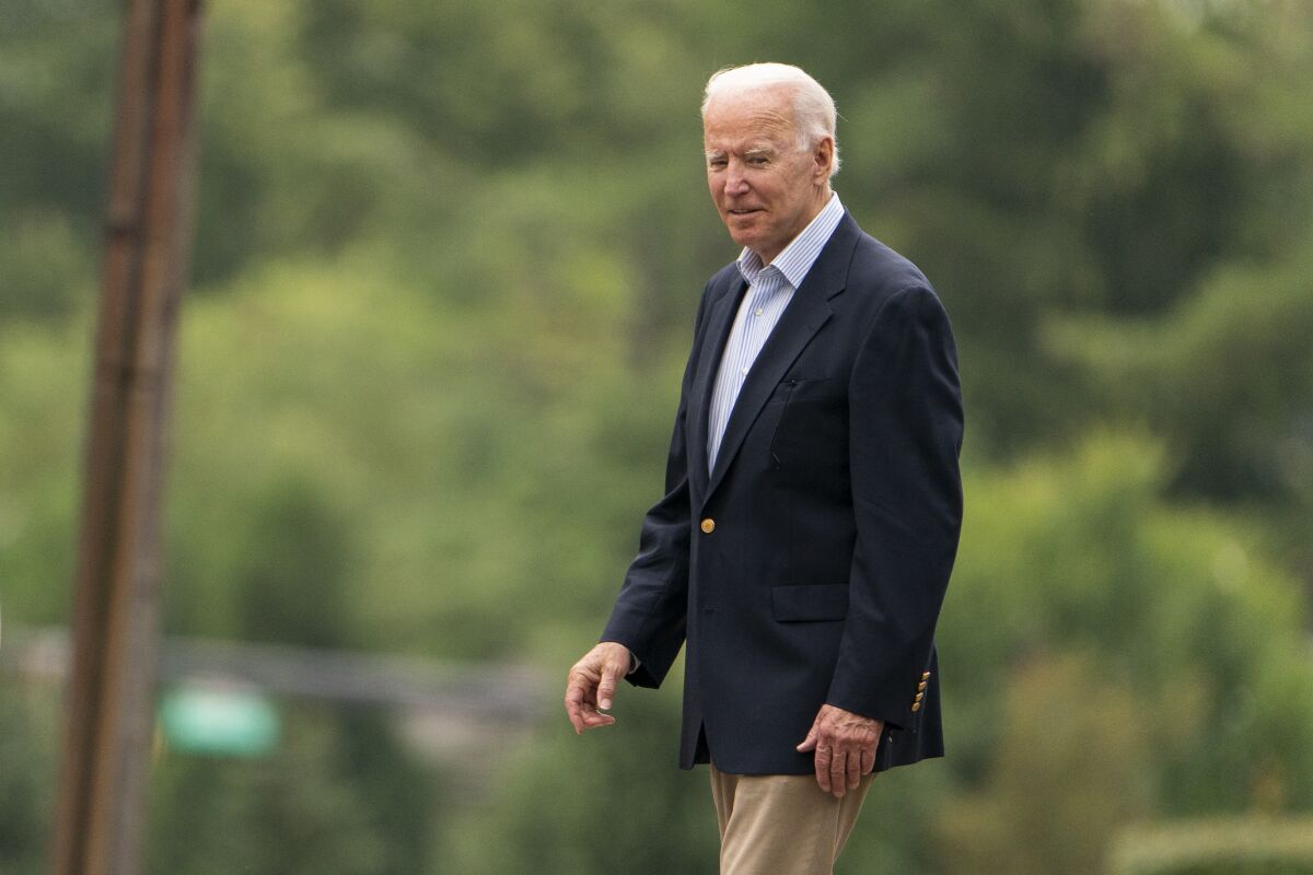 President Joe Biden leaves St. Joseph on the Brandywine Catholic Church in Wilmington, Del., after attending a Mass, Saturday, Aug. 7, 2021. Biden is spending the weekend at his home in Delaware. (AP Photo/Manuel Balce Ceneta)