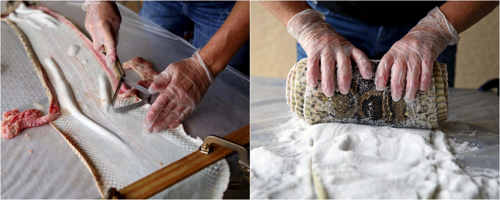 A woman, left, removes the flesh from a python skin. Right, she salts a python skin.