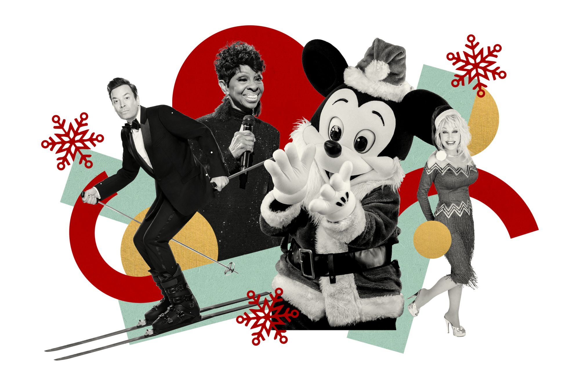 Photo illustration of Jimmy Fallon, Gladys Knight, Mickey Mouse and Dolly Parton