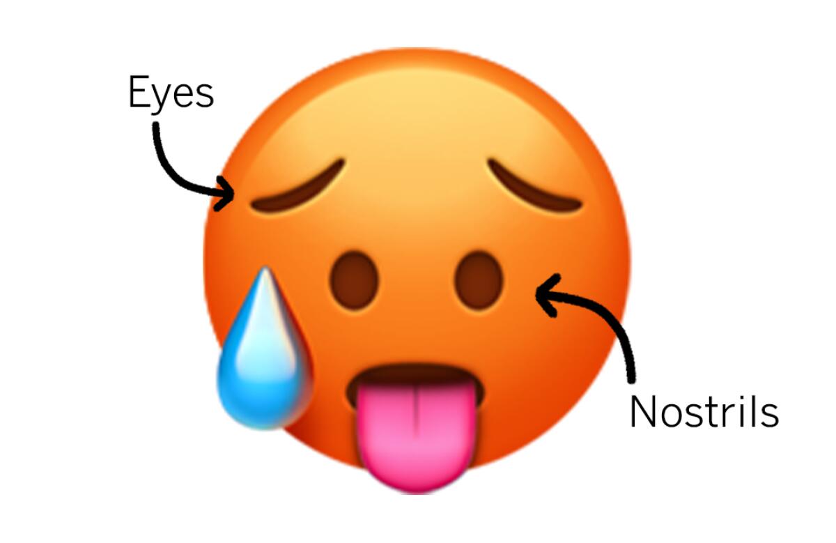 Hot face emoji with arrows pointing to the controversial "eyes" and "nostrils"