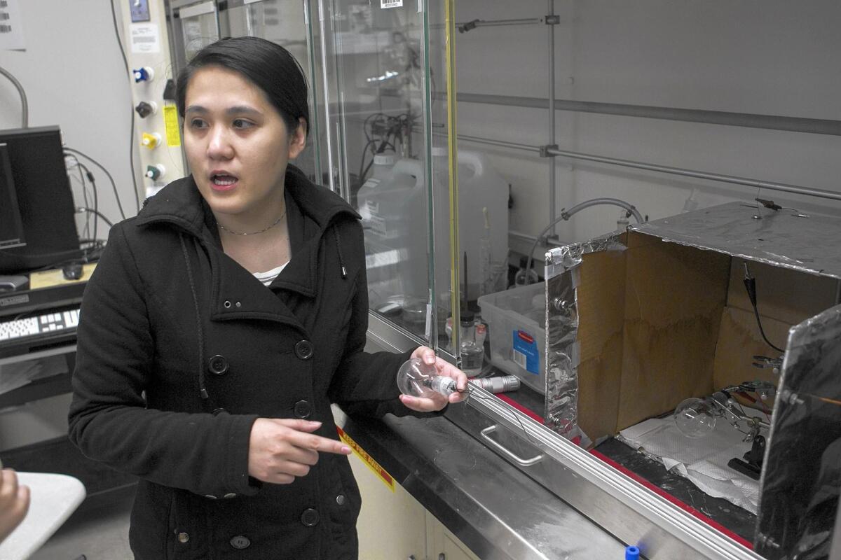 Mya Le Thai, a chemistry doctoral candidate at UC Irvine, talks in May about research she led that developed a capacitor, a device that stores an electric charge, that can be recharged hundreds of thousands of times without losing capacity. She hopes the capacitor can lead to longer-lasting batteries.