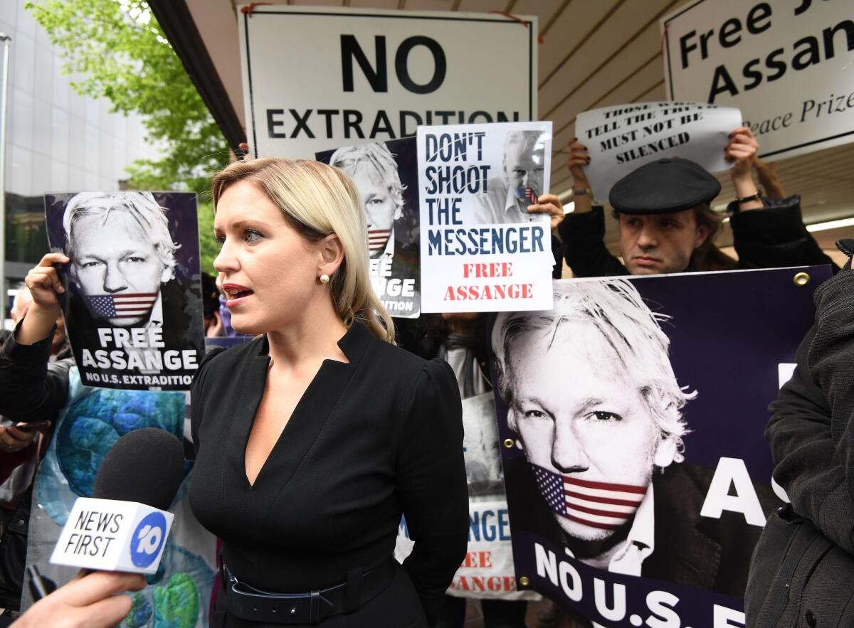 Jennifer Robinson, one of the lawyers on Julian Assange's legal team, speaks to reporters outside Southwark Crown Court in London. The Wikileaks co-founder Julian Assange has been sentenced to 50 week in prison for breaching his bail conditions.