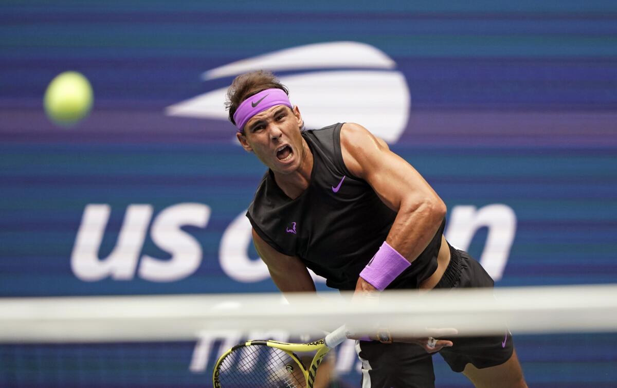 Rafael Nadal serves to Daniil Medvedev during the men's singles final of the 2019 U.S. Open.