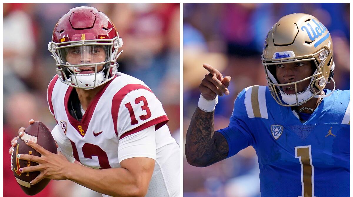 USC's Caleb Williams looks to pass in one image and UCLA's Dorian Thompson-Robinson points down field in another. 