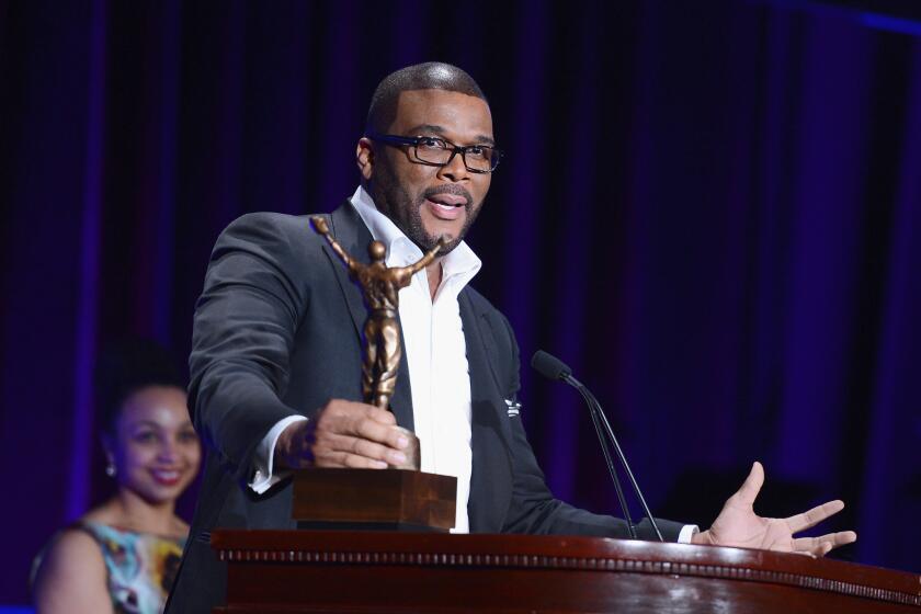 Tyler Perry speaks after receiving the ROBIE Humanitarian Award from the Jackie Robinson Foundation on Monday at the Waldorf Astoria Hotel in New York.