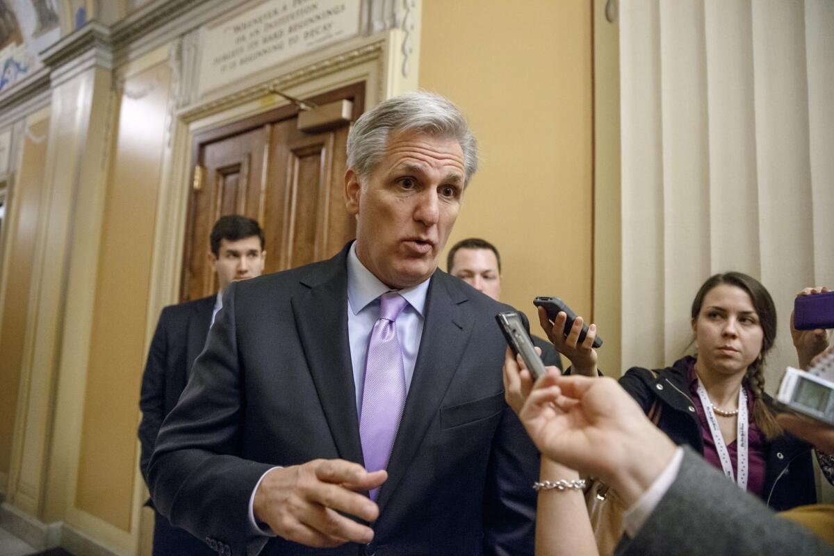House Majority Leader Kevin McCarthy speaks with reporters on Capitol Hill. He recently said he's not going to give up the GOP fight in California, where Republicans hold 14 of the state's 53 congressional seats.