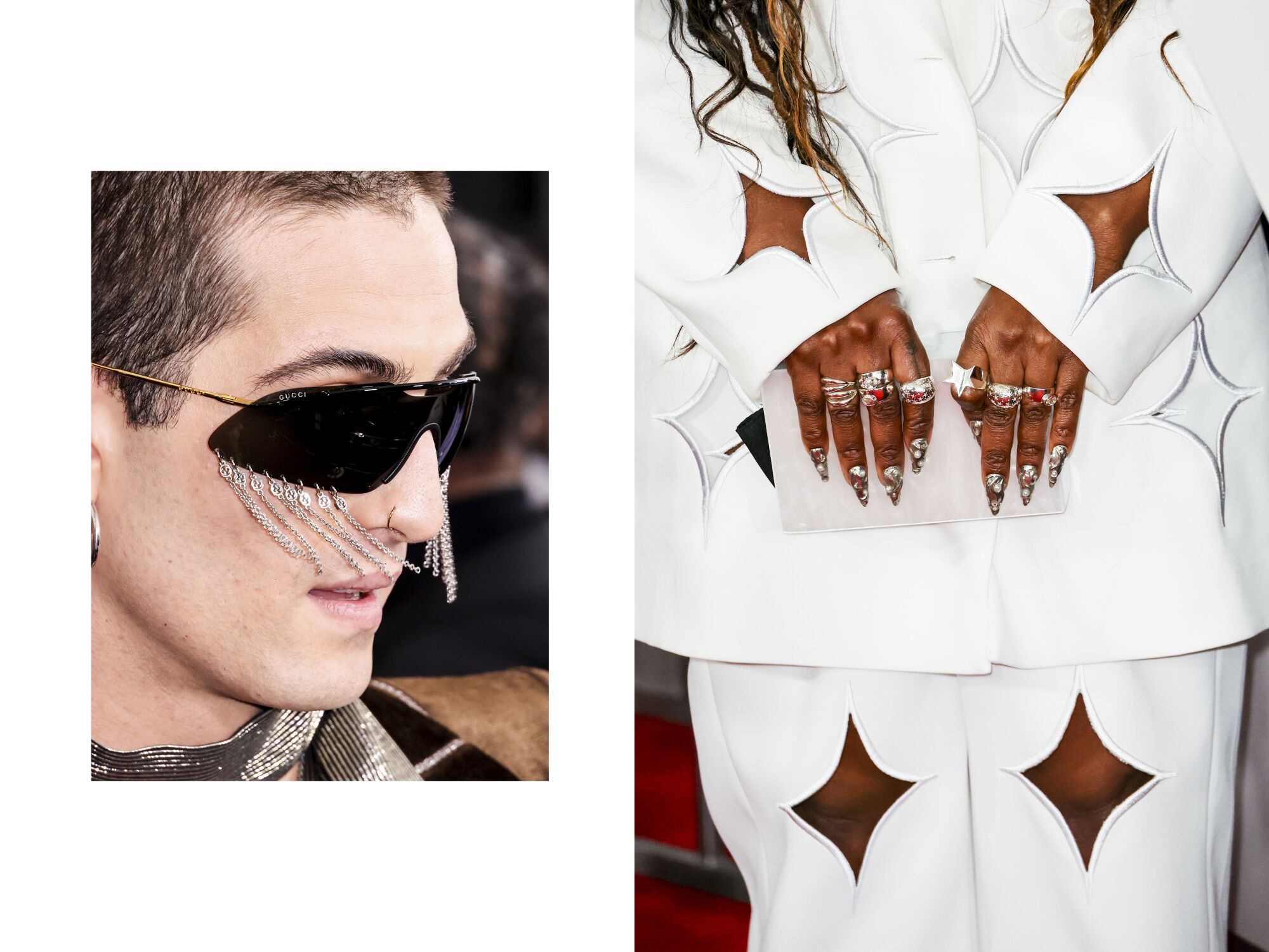 A facewith shades with chains hanging from them, and a torso with diamond cutouts in sleeves and pants and rings on hands