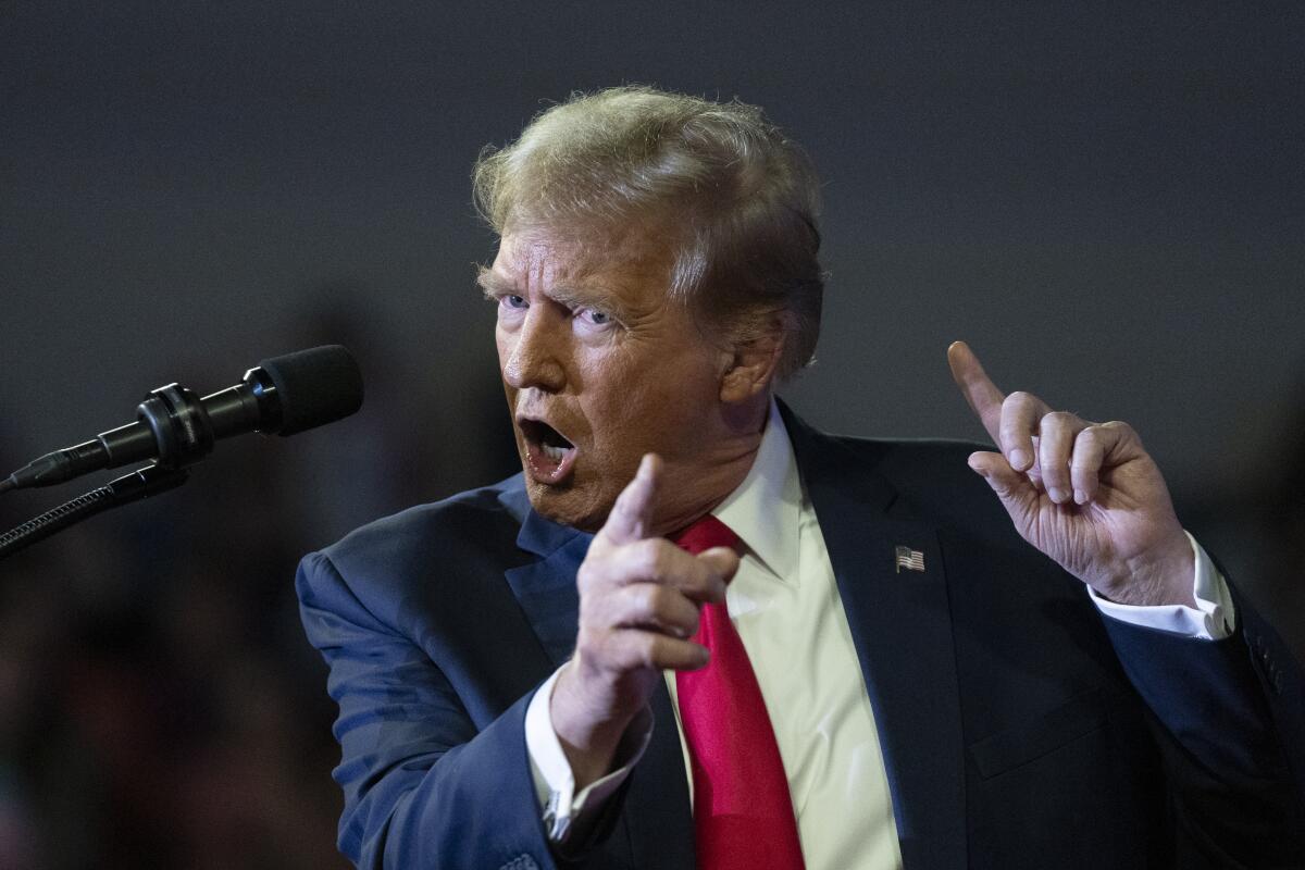 Donald Trump gestures with both hands as he speaks toward a microphone. 