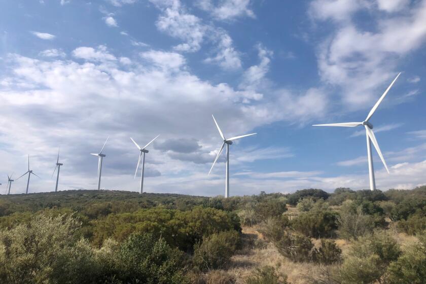 A row of wind turbines near Interstate 8 in Boulevard.