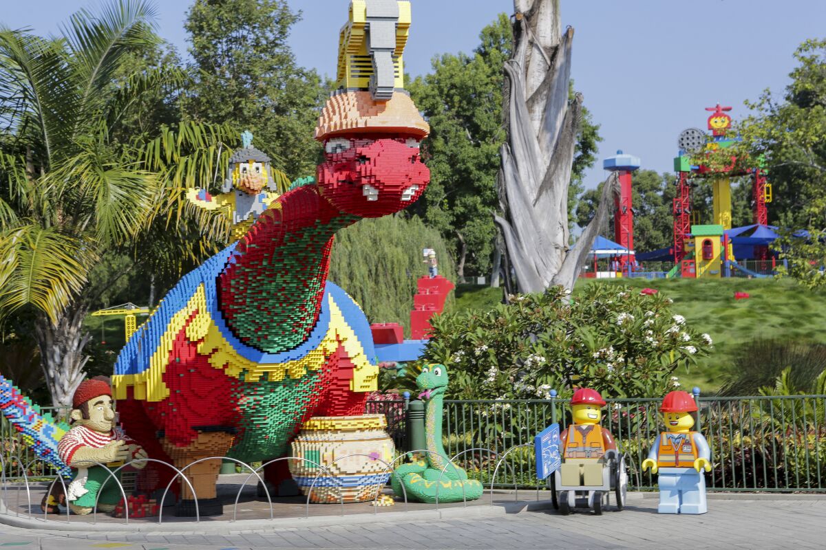 Bronty, a large brontosaurus made of Lego bricks at Legoland.