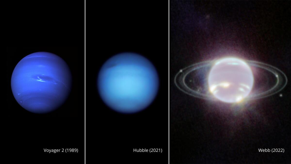 Esta imagen compuesta proveída por la NASA el 21 de septiembre del 2022 muestra tres fotografías de Neptuno