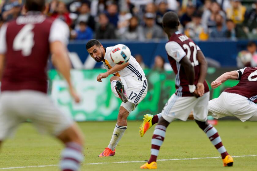 Galaxy midfielder Sebastian Lletget (17) takes a shot on goal against the Rapids in the second half on Oct. 30, 2016.