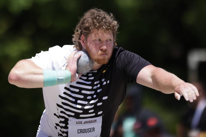 LOS ANGELES, CALIFORNIA - MAY 27: Ryan Crouser competes in the shot put during the 2023 USATF LA Grand Prix.