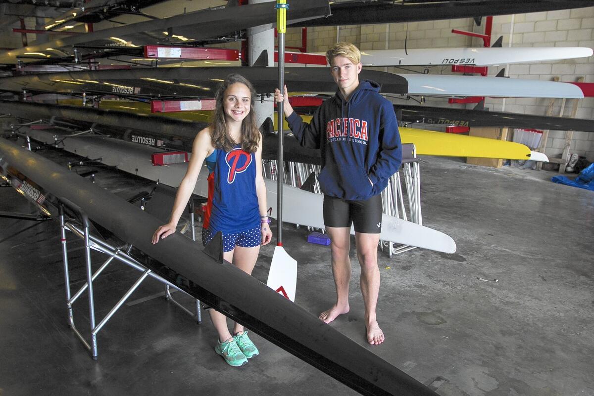 Grace Wathen, 14, and Spencer Ewanick, 16, are the pioneer members of Pacifica Christian High School's rowing team. The private Newport Beach campus offers Orange County's first high school rowing team.