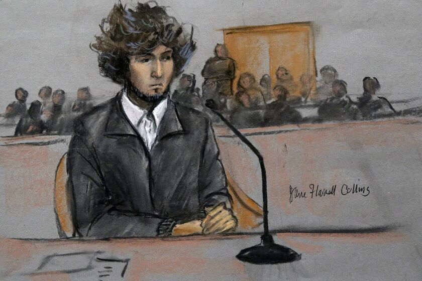 In a courtroom sketch, Boston Marathon bomber Dzhokhar Tsarnaev sits in federal court in Boston in December.