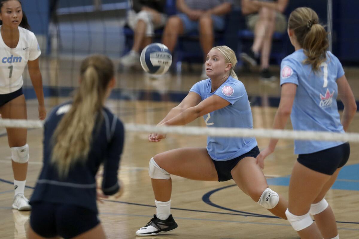 Corona del Mar's Nikki Senske, pictured getting a dig against Trabuco Hills on Aug. 22, led the Sea Kings to a four-set win over Los Alamitos on Monday.