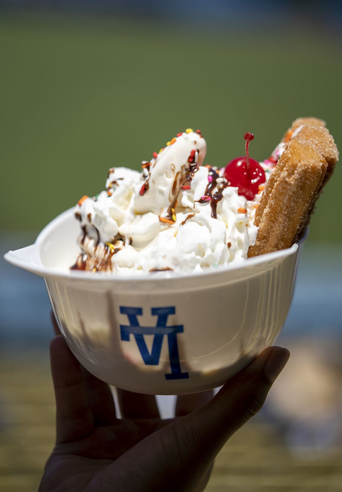 Triple Play Churro sundae located in the field section at Dunkin' Trolley Treats at Dodger Stadium.
