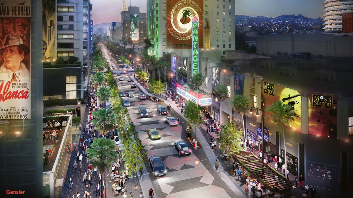 An artist's rendering depicts proposed changes along Hollywood Boulevard