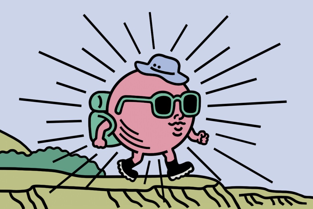 An illustration of a stylized character hiking