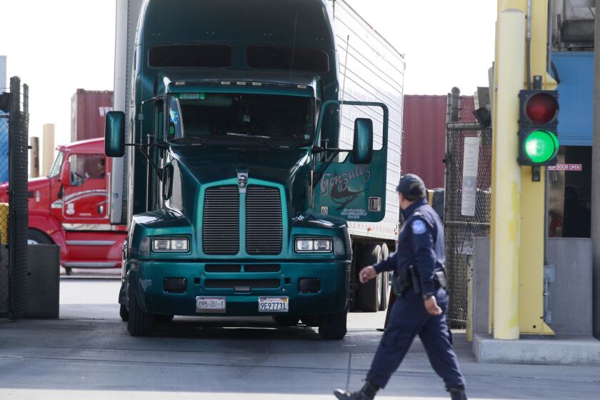February 23, 2015, San Diego, CA |Truck starting their entry and clearance to the US at the Otay Mesa Commercial Port of Entry. The US-Mexico border between San Ysidro and Tijuana has changed so much in the last 100 years that they are hardly recognizable as the same place.| Photo by John Gibbins/U-T San Diego/Mandatory Credit: JOHN GIBBINS U-T SAN DIEGO/ZUMA PRESS | U-T San Diego photo by John Gibbins copyright 2015