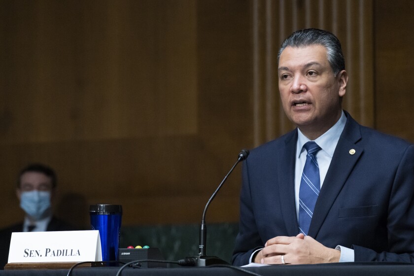 FILE - In this March 16, 2021, file photo, Sen. Alex Padilla, D-Calif., speaks during a hearing of the Senate Health, Education, Labor and Pensions Committee on Capitol Hill, in Washington. Padilla on Monday, May 3, 2021, proposed a vast expansion of government protection for public lands and rivers that he said would fight climate change and safeguard natural treasures for generations to come. (AP Photo/Alex Brandon, File)