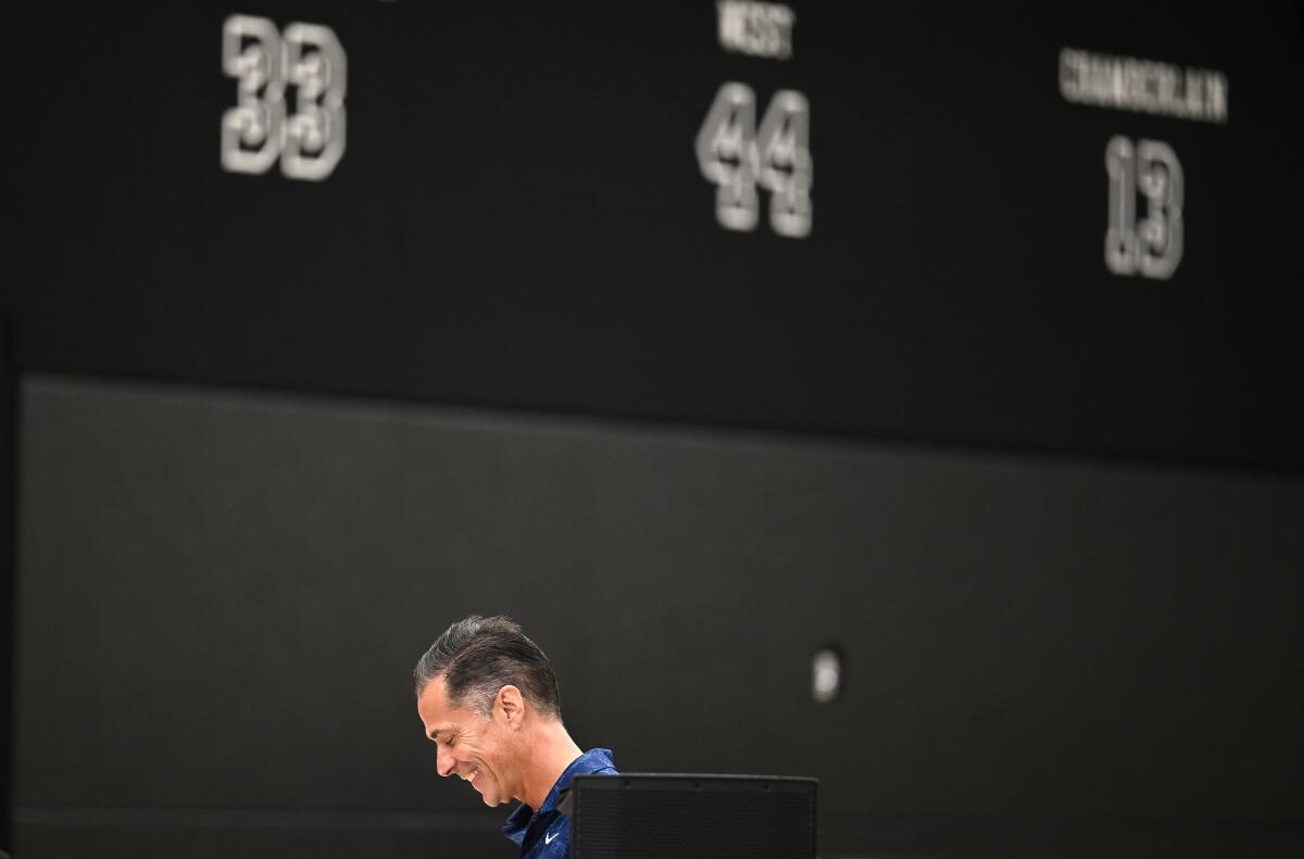 Lakers general manager Rob Pelinka smile during a news conference in El Segundo on Thursday.