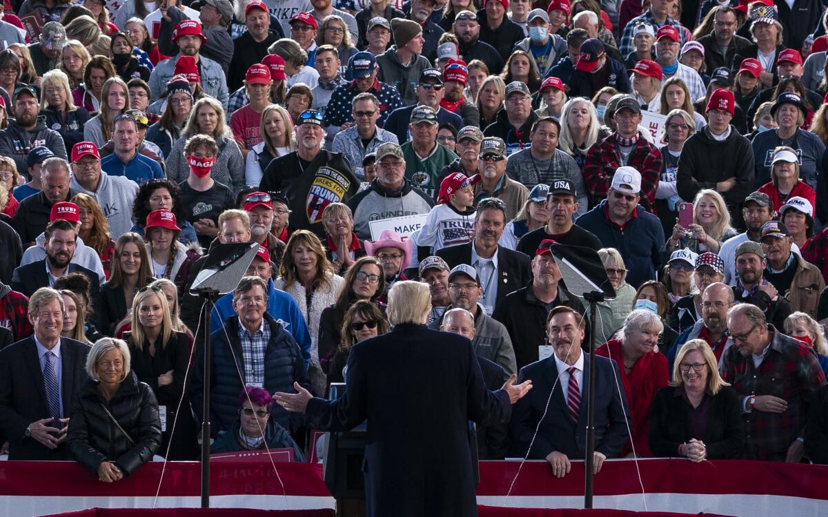 President Trump speaks to a mostly white crowd at a campaign rally Sept. 18 at a Bemidji, Minn., airport.
