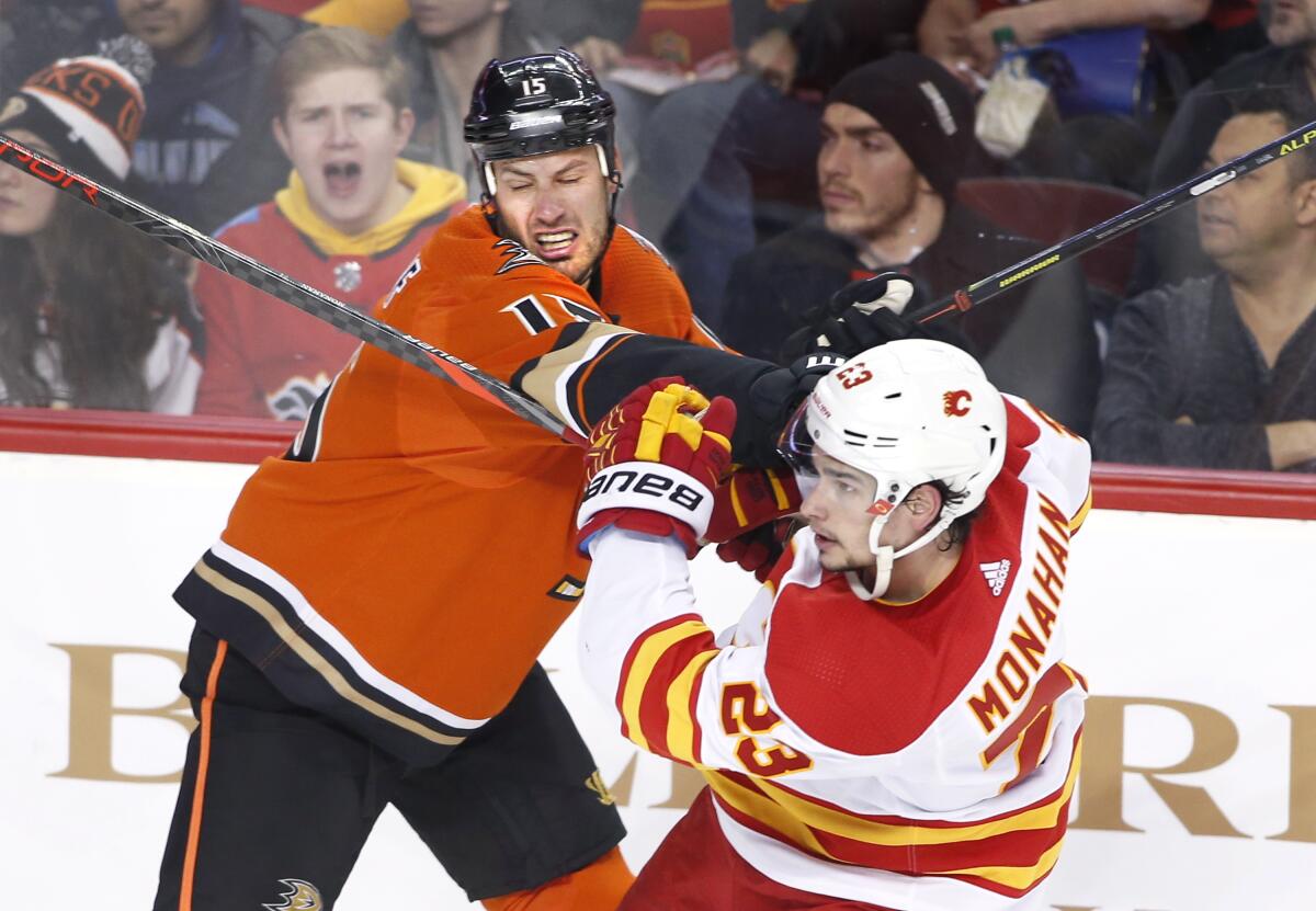 Ducks center Ryan Getzlaf collides with Flames center Sean Monahan during the third period of a game Feb. 17.