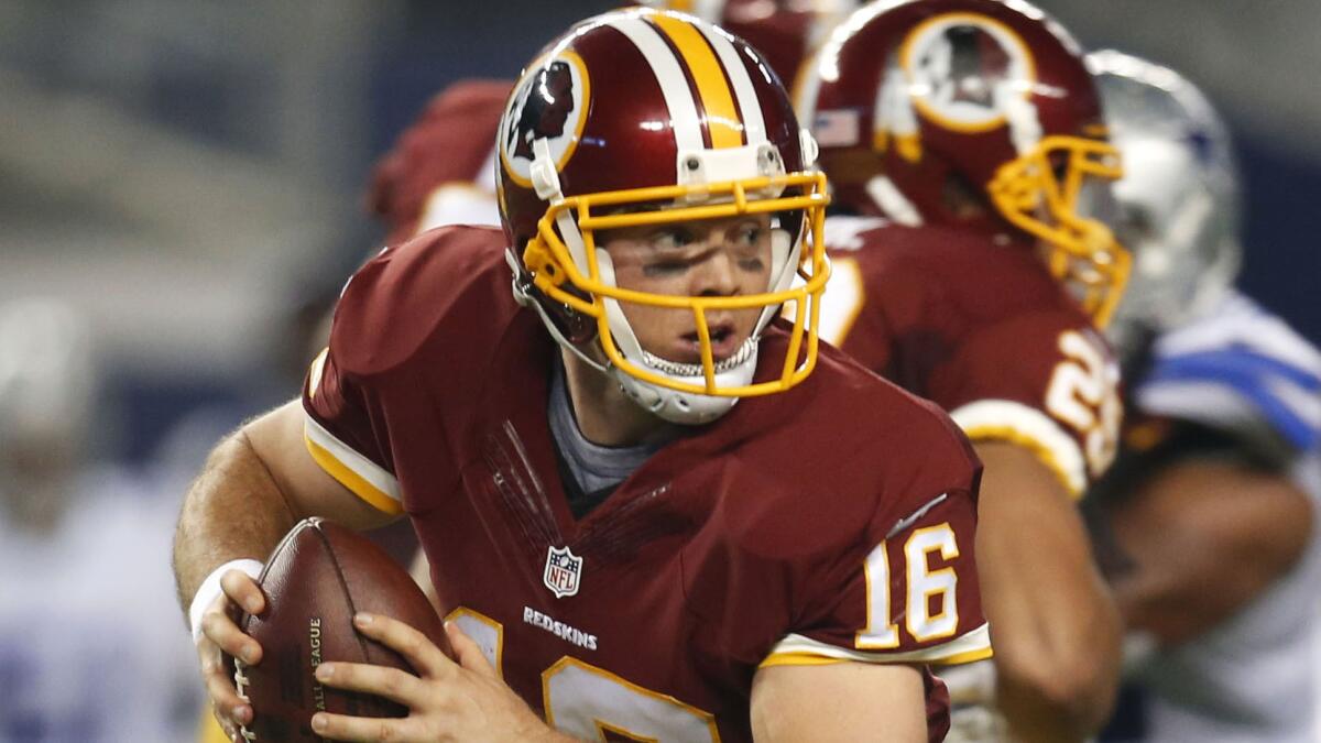 Washington Redskins quarterback Colt McCoy scrambles out of the pocket during the second half of a 20-17 overtime win against the Dallas Cowboys on Monday night.