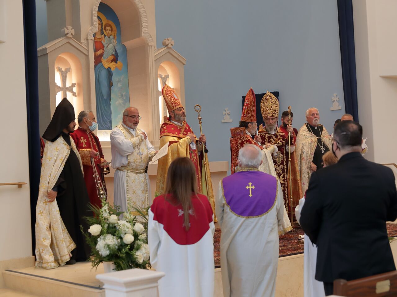 Father Pakrad Berejekian (Parish Priest, center left in white robe), Bishop Bagrat Galastanyan (Primate of the Diocese of Tavush, Armenia), Archbishop Hovnan Derderian (Primate, Western Diocese of Armenian Church), Archbishop Barkev Martirosyan (Former Primate of Artsakh, Armenia), and Father Moushegh Tashjian (Founding Pastor St. Mary Armenian Church, Costa Mesa) preside over the consecration and church naming ceremony at the new Armenian Church in San Diego
