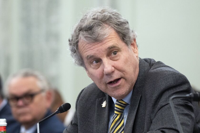 FILE - Sen. Sherrod Brown, D-Ohio, speaks during a Senate Commerce, Science, and Transportation Committee hearing on improving rail safety in response to the East Palestine, Ohio train derailment, on Capitol Hill in Washington, March 22, 2023. (AP Photo/Manuel Balce Ceneta, File)
