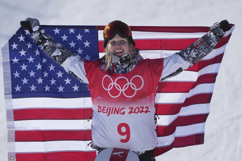 United States's Julia Marino celebrates after winning a silver medal in the women's slopestyle.