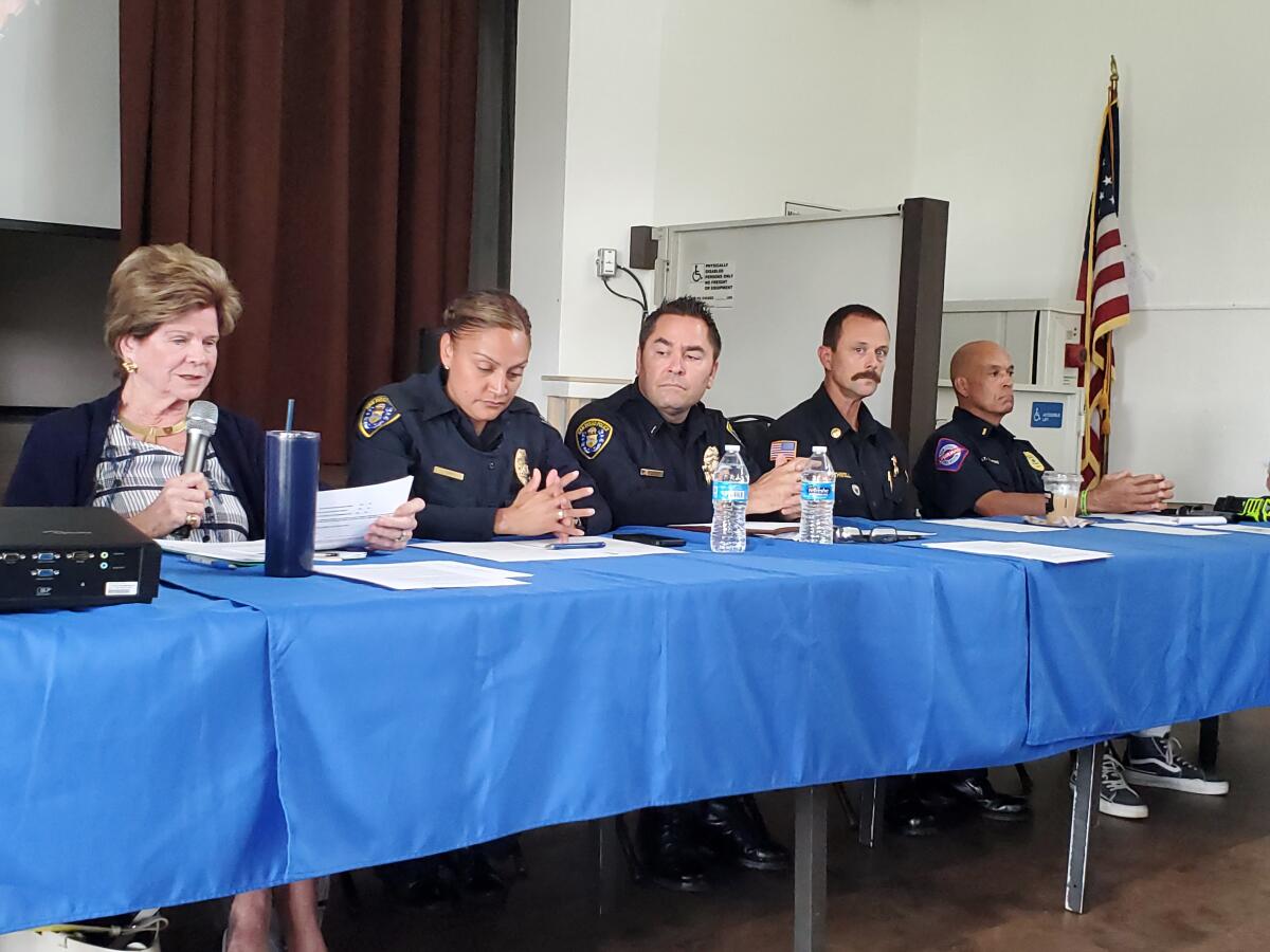 Catharine Douglass, Jessica Thrift, Bryan Brecht, Aaron Bothwell and Lonnie Stephens speak at a La Jolla Town Council forum.