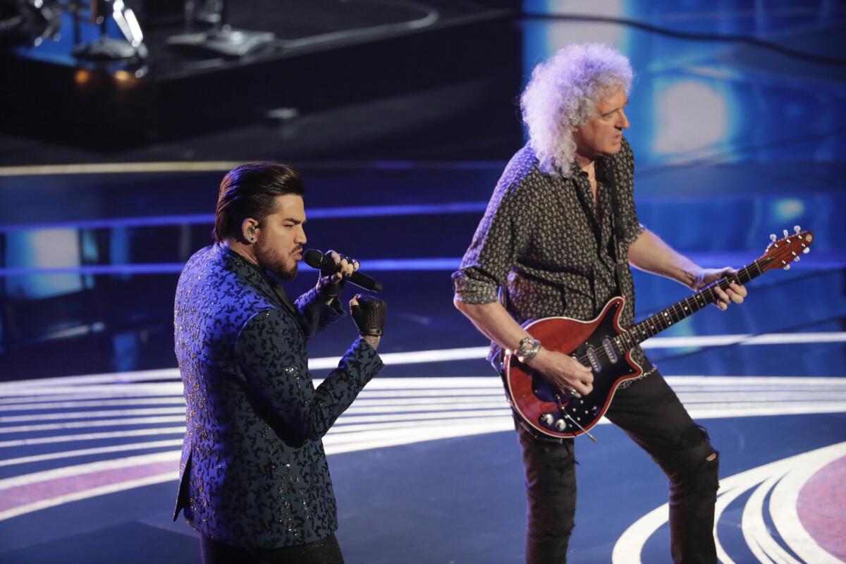 Queen guitarist Brian May, right, with Adam Lambert, performing on stage during the telecast of the 91st Academy Awards on Sunday.