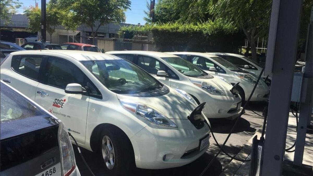 An electric car charging station at the headquarters of San Diego Gas & Electric.