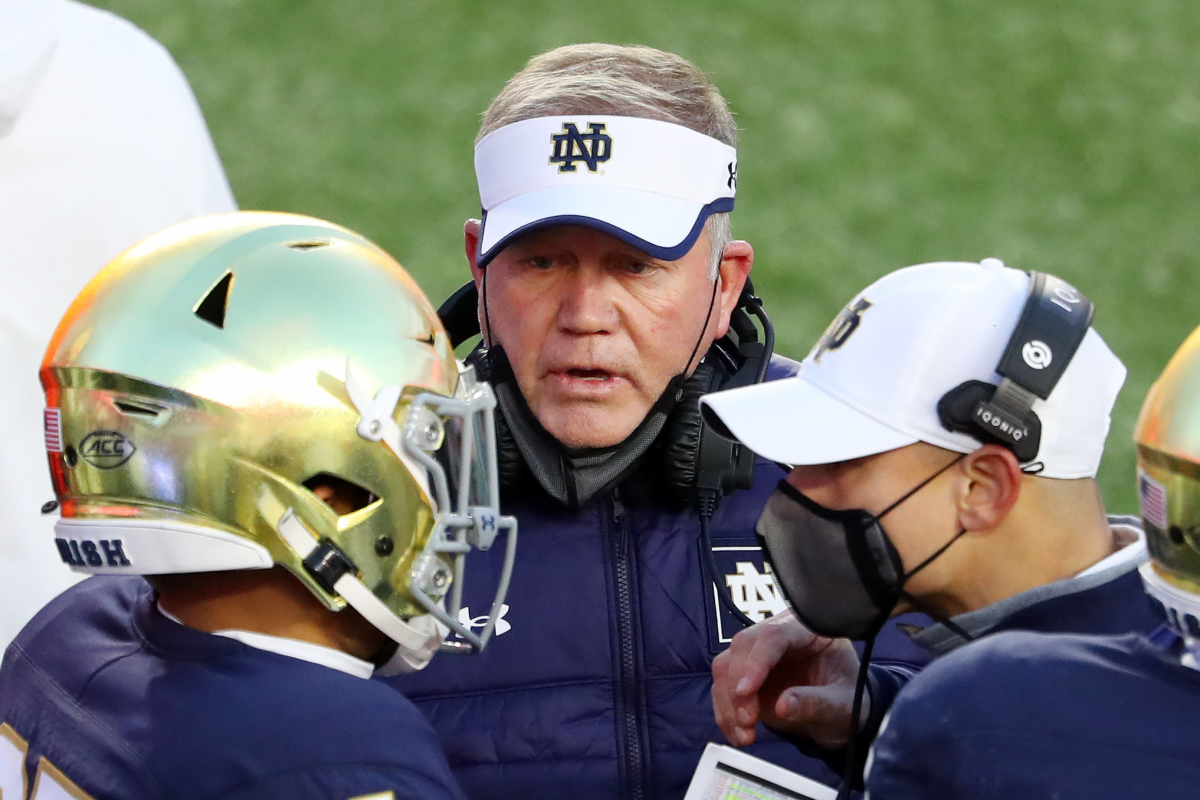 Notre Dame coach Brian Kelly is pictured on the sideline against Boston College on Nov. 14, 2020.