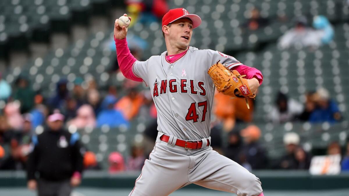 Starter Griffin Canning delivers a pitch during the first inning of the Angels’ loss to the Baltimore Orioles on Sunday.