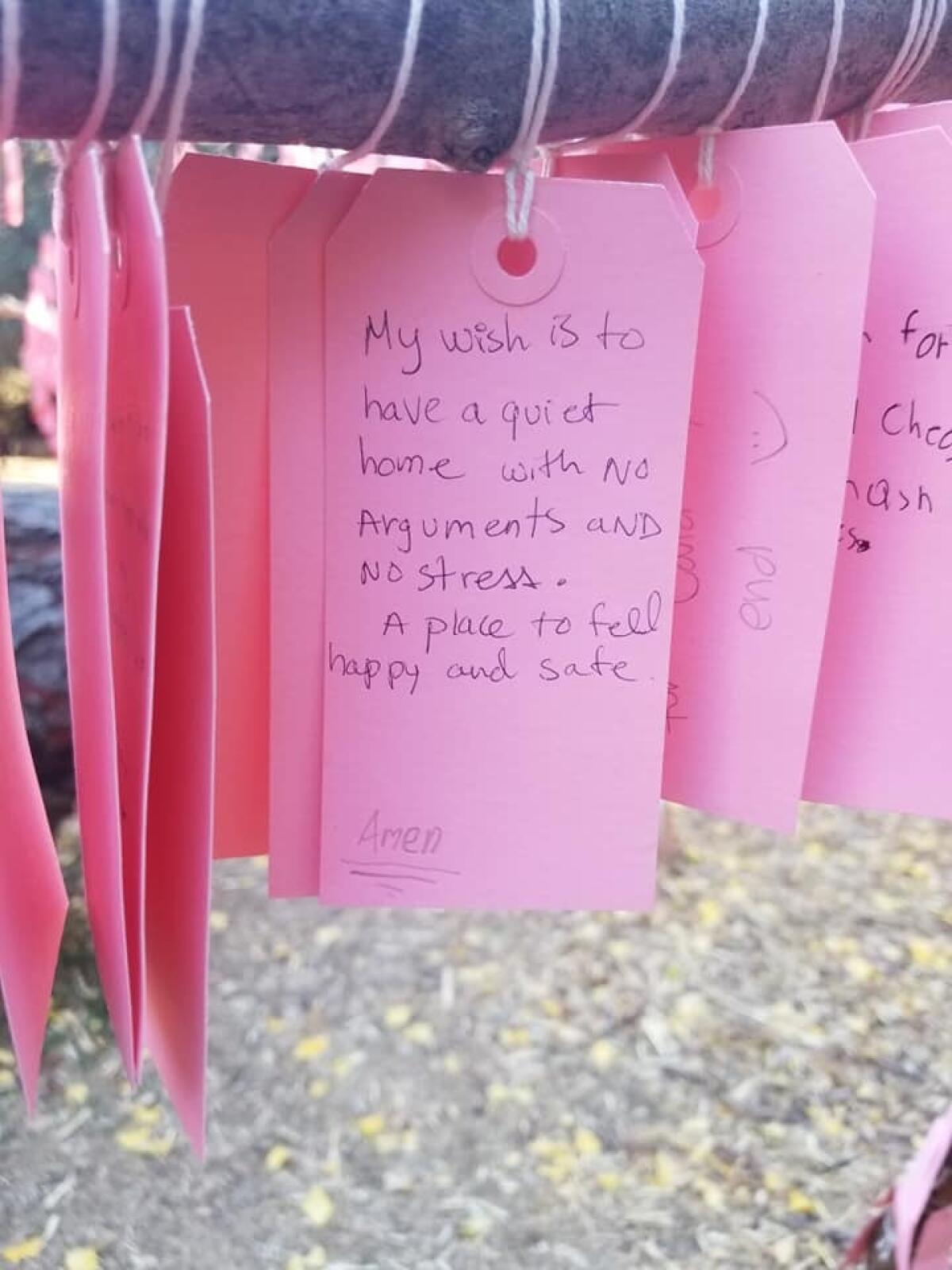 Pink tags with handwritten messages.