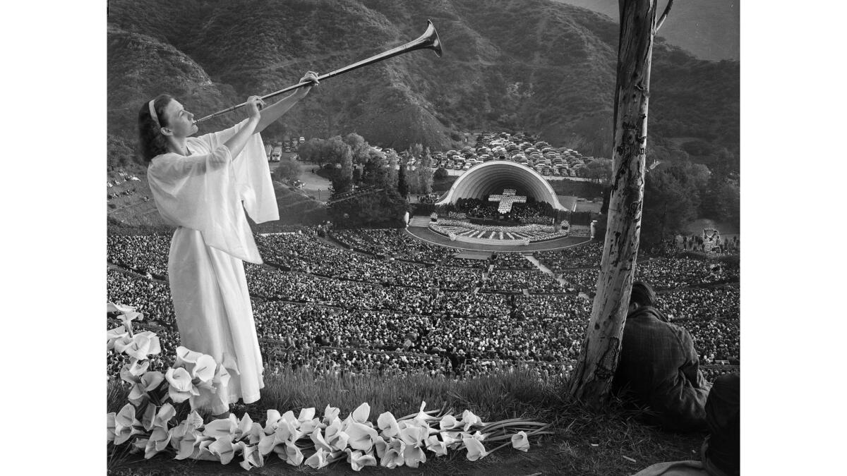 Apr. 6, 1947: A trumpeter heralds the dawn for 25,000 worshipers at Hollywood Bowl sunrise service, one of several Easter programs covered in the next day's Los Angeles Times.