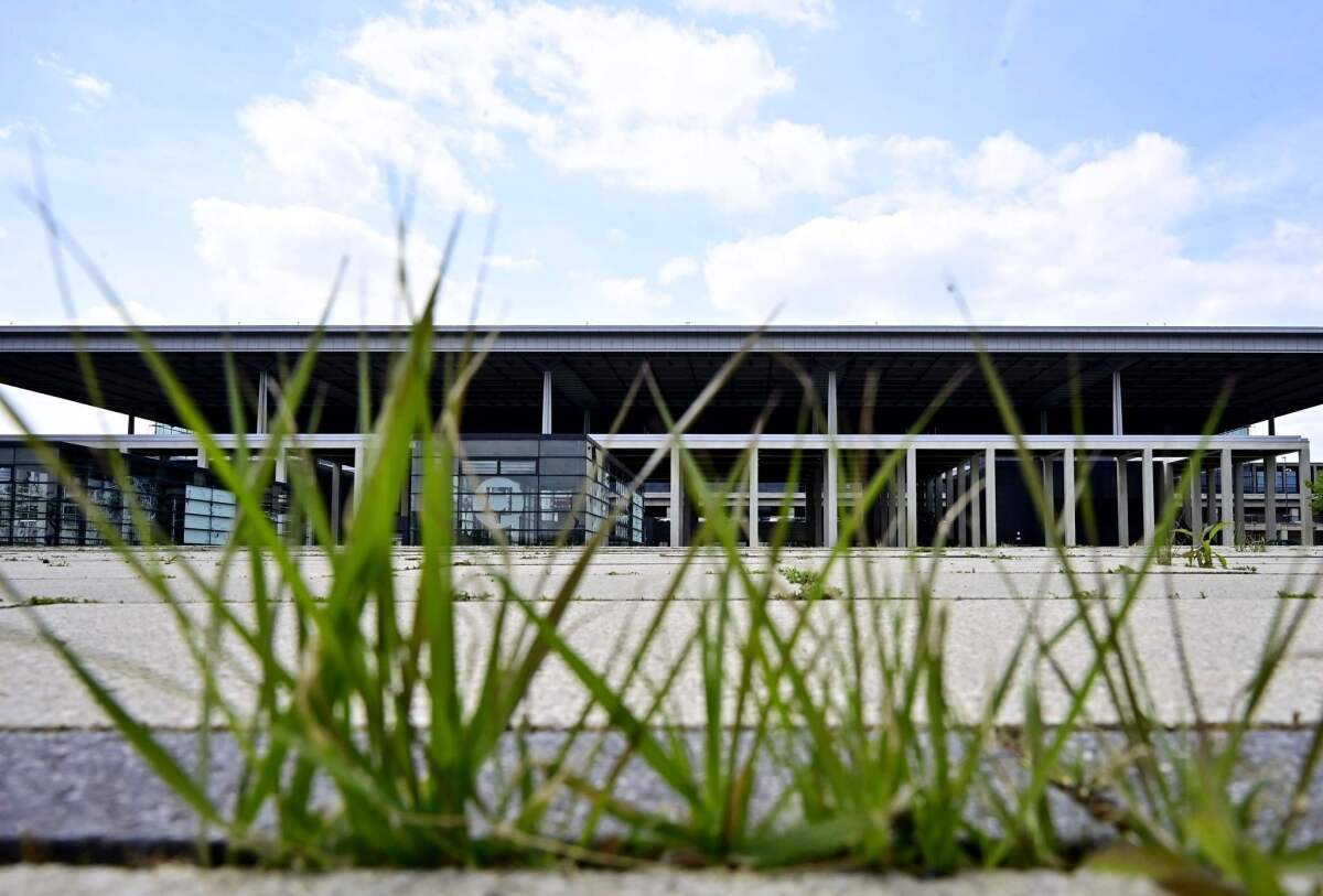 Grass grows at the main building of Berlin's new international airport, set to open in 2020 after years of delay.