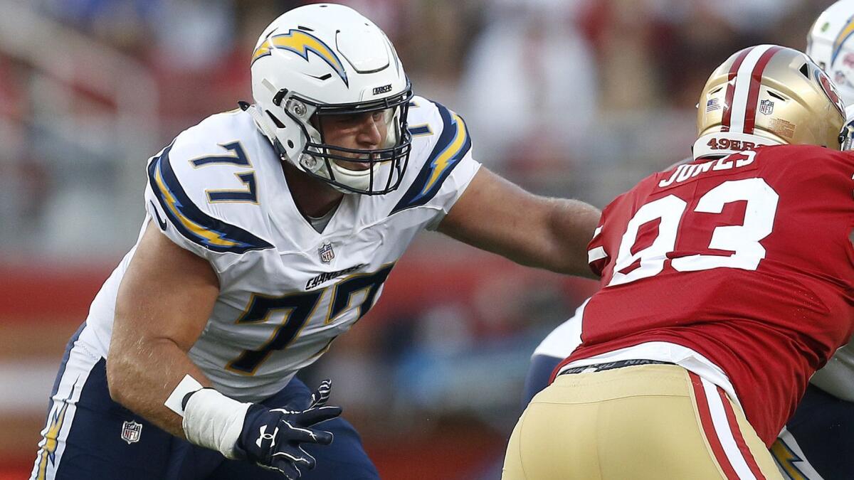 Chargers offensive guard Forrest Lamp (77) played in two regular-season games in 2018.