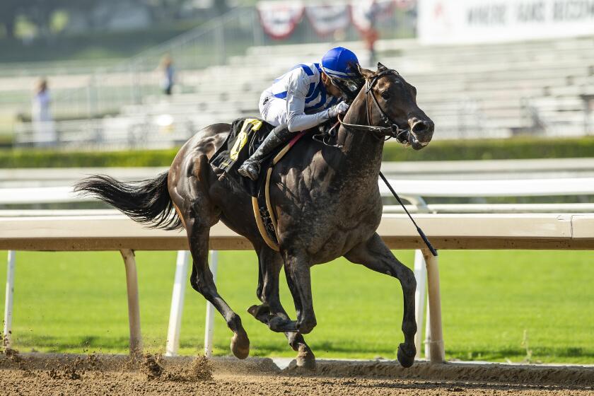 In this image provided by Benoit Photo, Pin Oak Stud's Geaux Rocket Ride, ridden by Ramon Vazquez, cruises to victory in the $100,000 Affirmed Stakes horse race, Sunday, June 4, 2023 at Santa Anita Park, Arcadia, Calif. Breeders’ Cup Classic contender Geaux Rocket Ride was injured during a workout Saturday, Oct. 28, 2023, at Santa Anita. The 3-year-old colt appeared to stumble in mid-stretch and was pulled up by Mike Smith, the Hall of Fame jockey. He jumped off and held Geaux Rocket Ride’s right front leg until help arrived. (Benoit Photo via AP)