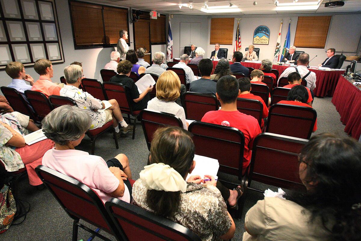 Citizens fill the seats of a La Cañada Flintridge City Council meeting in 2013. The city is currently seeking residents to fill several seats on its citizen commissions and committees.