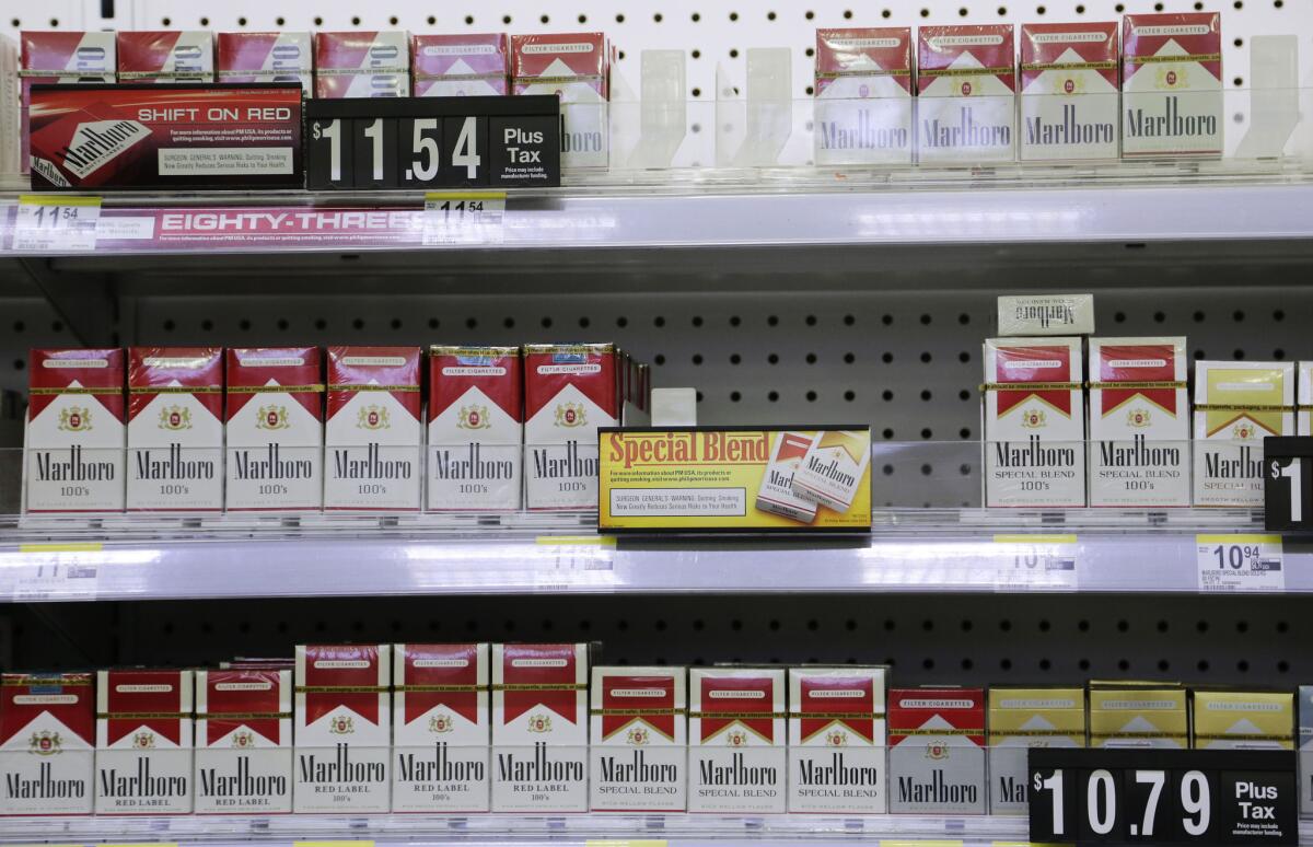 Marlboro cigarettes on display at a Walgreens pharmacy last month in New York, whose cigarette tax is highest in the nation at $4.35 a pack. A coalition of medical, labor and public health groups wants to boost California tobacco taxes by $2 a pack to $2.87.